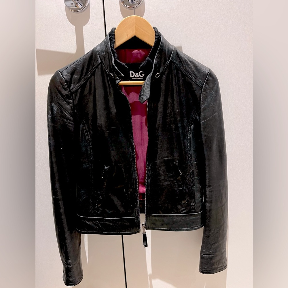 DOLCE & GABBANNA Black Leather Jacket with Purple Lining